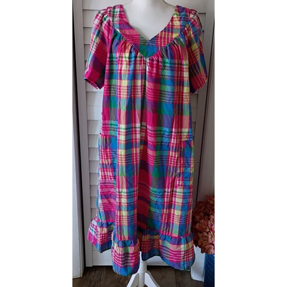 Anthony Richards Rainbow Plaid House Dress Muumuu pockets pullover XLP